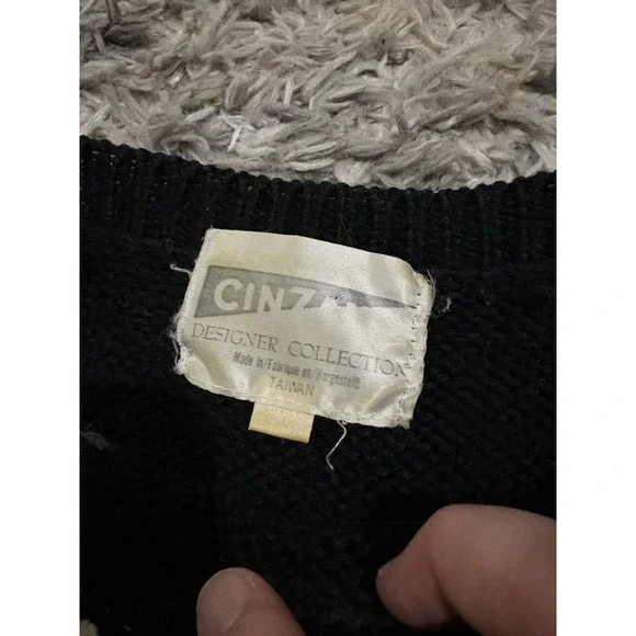 Vtg Cinzano Sweater Black White Stripes Abstract Sz 2 Acrylic Lambswool Angora - Picture 2 of 4